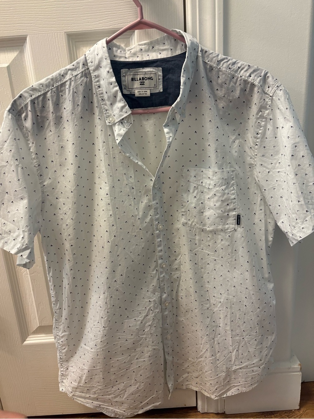 Billabong Men’s White Short-Sleeve Button-Down with Subtle Navy Print